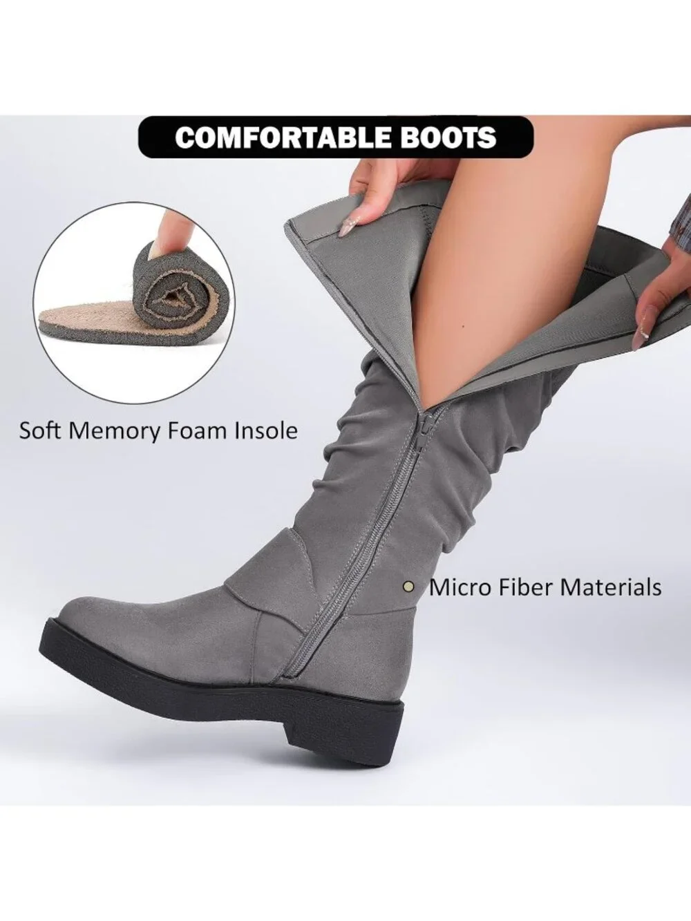 Women's Grey  Leather Rubber Slouchy Knee High Comfortable Stylish Tall Boots